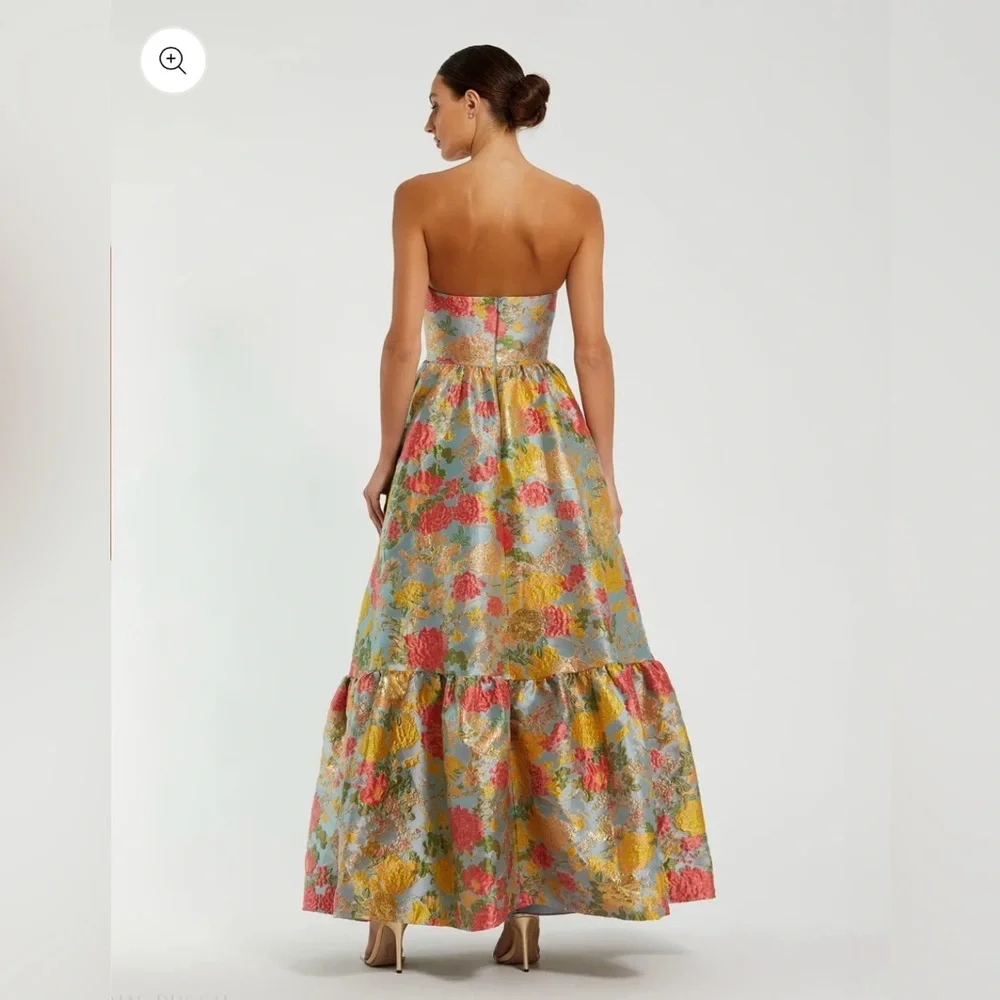Mac Duggal Multicolor Strapless Floral Brocade Dress with Ruffles size 0 - Picture 3 of 7